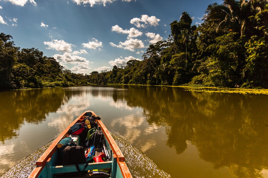 Image of a small kayak paddling through a flooded forest in the Amazon