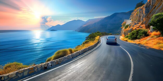 Image of a winding coastal road overlooking the bright blue Mediterranean sea